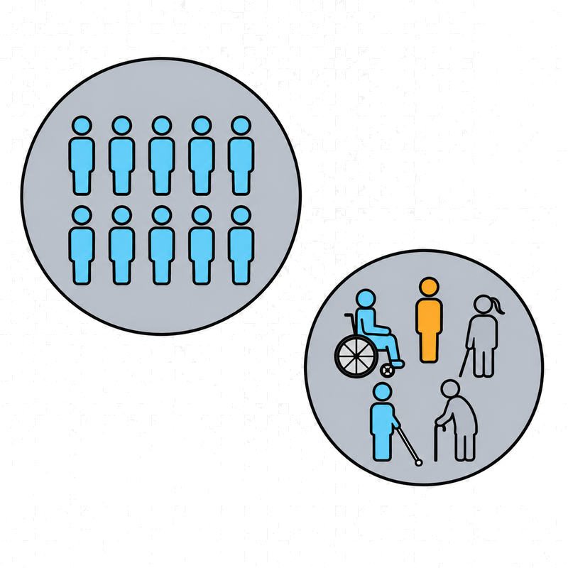 Diagrama de segregação: dois círculos separados, um grande com o grupo padrão e outro pequeno reunindo apenas pessoas com deficiência e idosos.