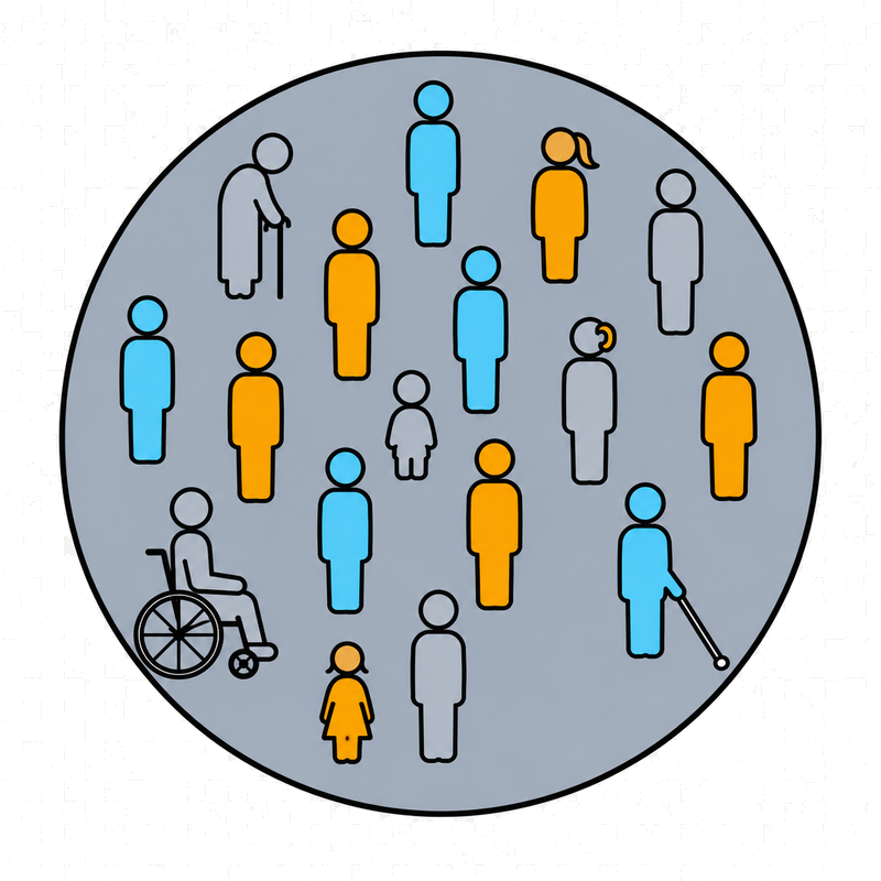 Diagrama de inclusão: todas as pessoas, com e sem deficiência, idosos, crianças e adultos, misturadas dentro do mesmo círculo, em pé de igualdade.